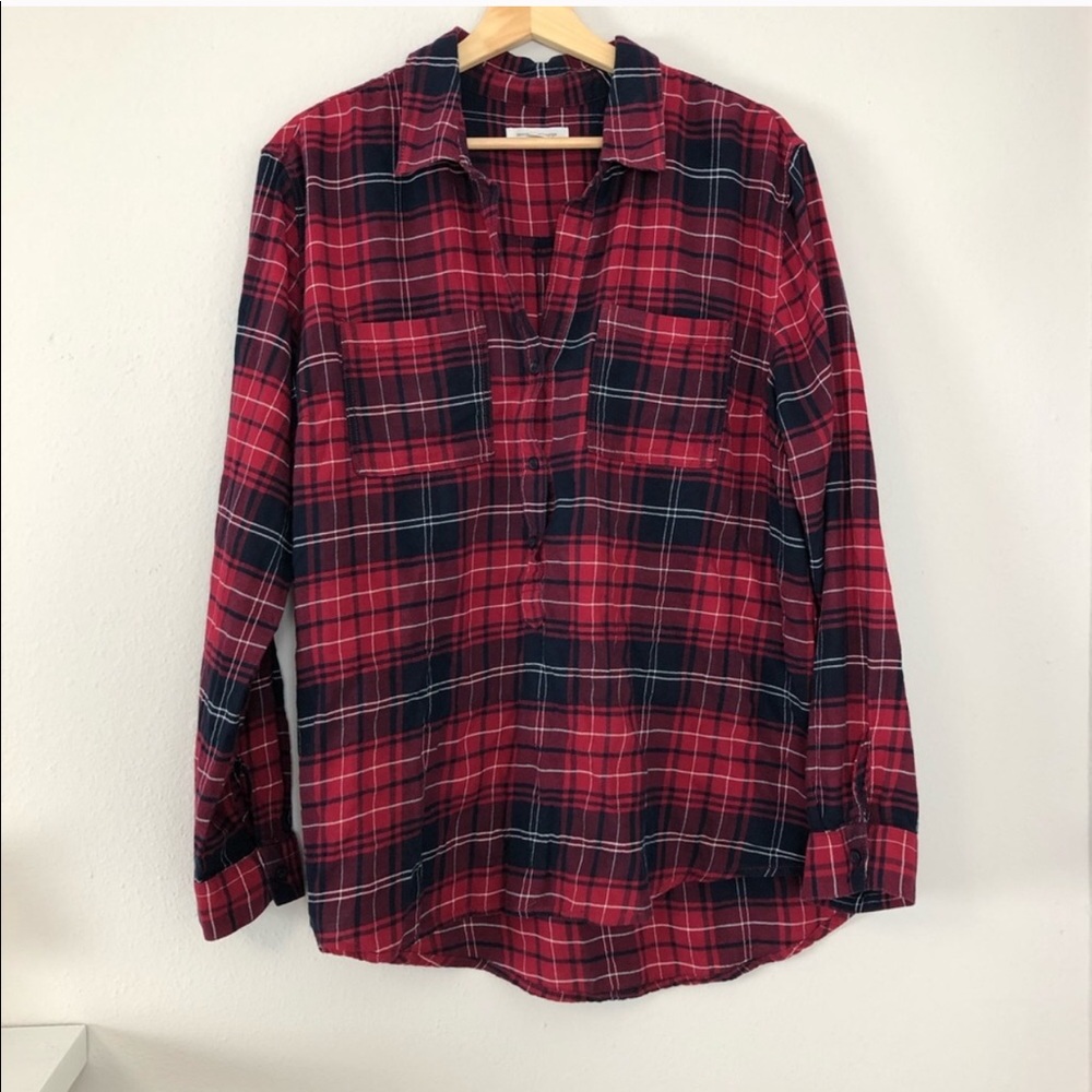 Beach Lunch Lounge Red Flannel Button Up Top - Picture 1 of 3